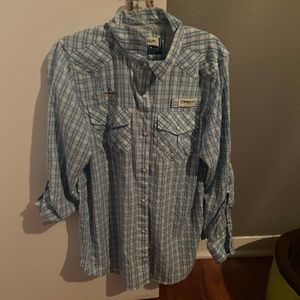 Magellan Outdoors Houston Rodeo pearl snap women Medium shirt blue plaid